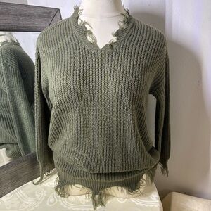 Fashion Nova Long Olive V-Neck Distressed Sweater Dress